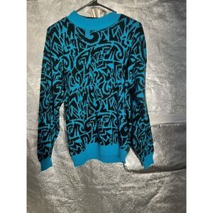 Snuggler - Blue and BlackWoven WOOL Blend - Warm Cozy SKI Sweater sz M *Vintage!